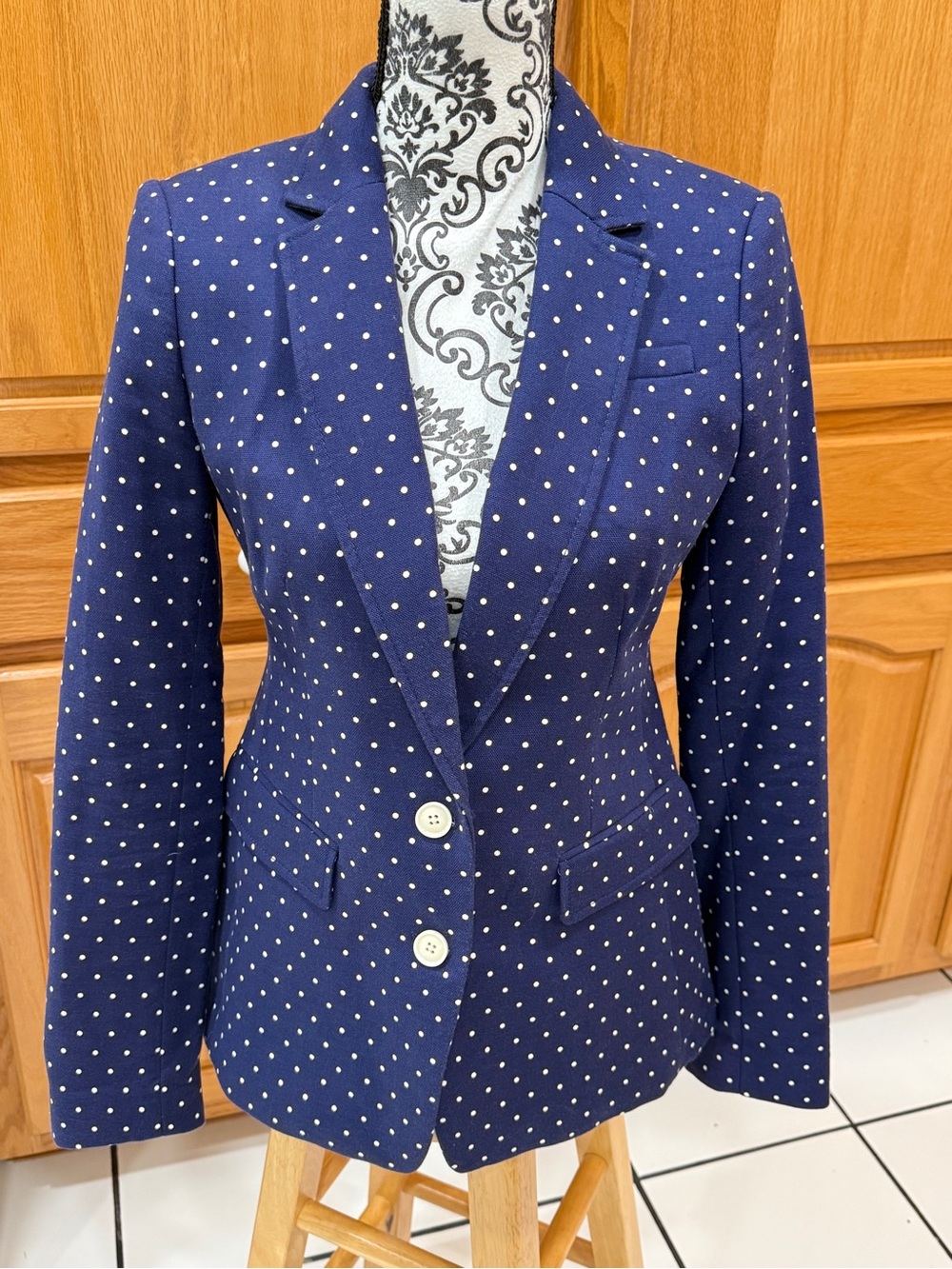 Banana Republic Navy White Polka Dot Blazer Size 2 Cotton Blend